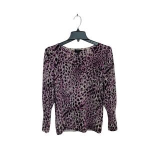 Talbots Womens Petite Medium Merino Wool Sweater Top Purple Leopard Long Sleeve